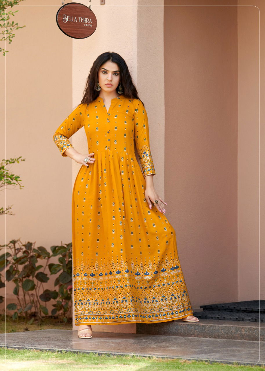 Rangjyot Sehnaaz 501 Rayon Designer Party Wear Long Anarkali Kurti Collection